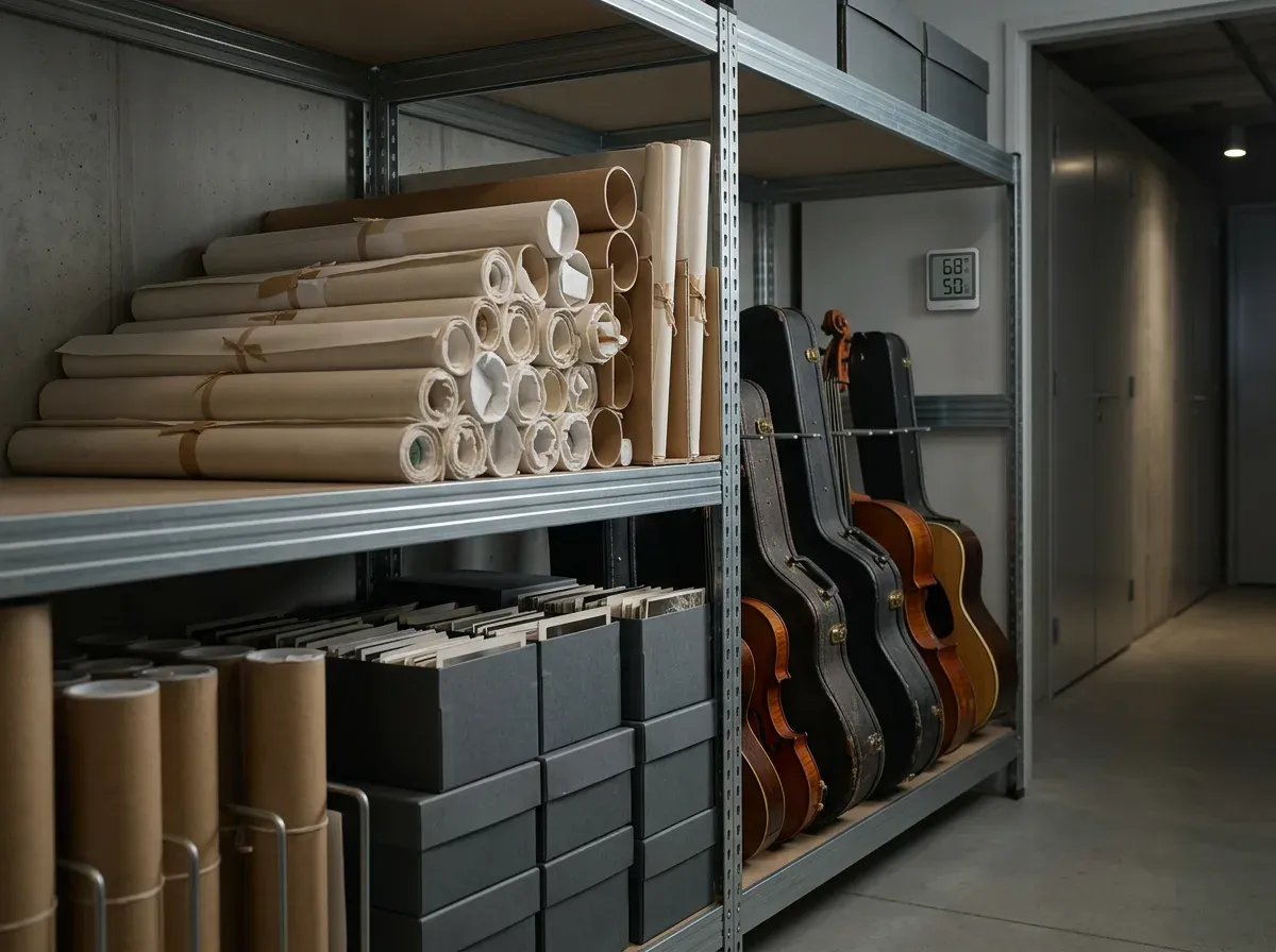 Climate-controlled storage shelving holding rolled canvases, guitar cases, vinyl records, and archival boxes.